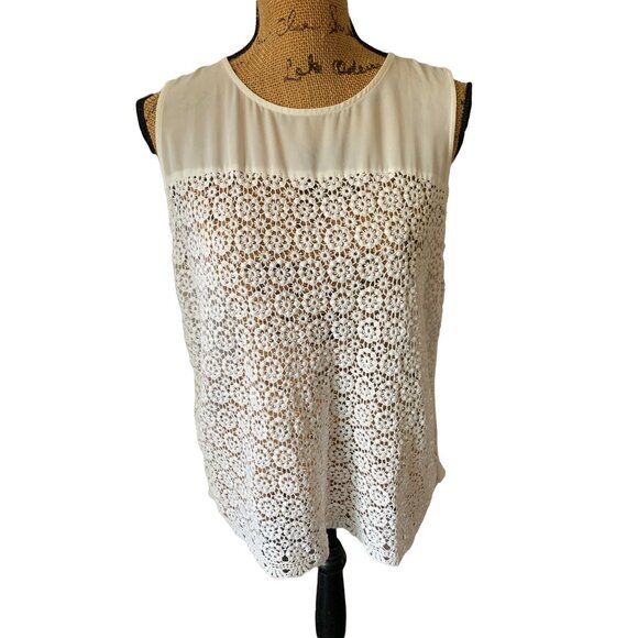 🍒 2/$20 🍒 Lace Front Sheer Back Ivory Tank Top Large - Picture 1 of 4